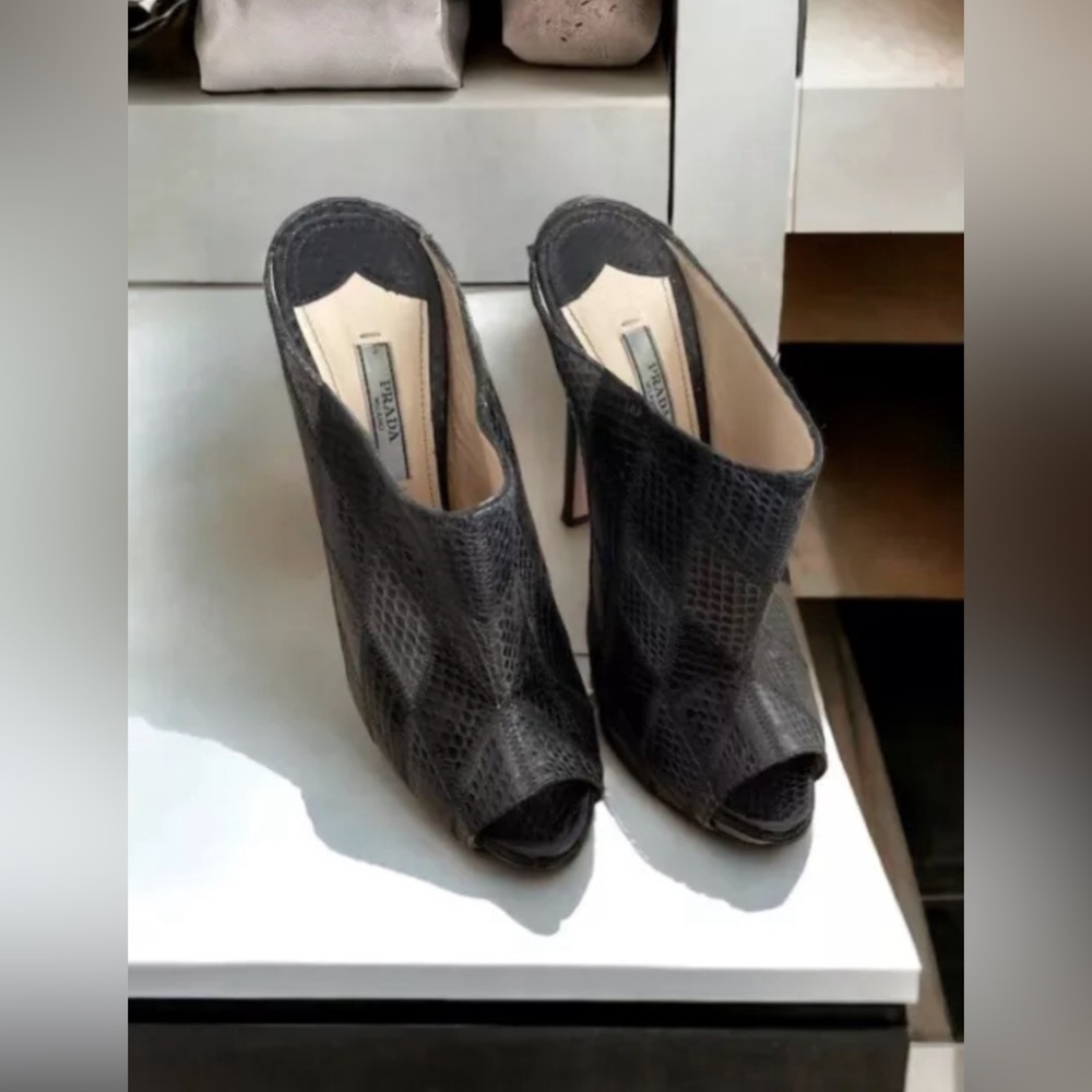 PRADA Milano Snakeskin Peep Toe Mule Heels Italy